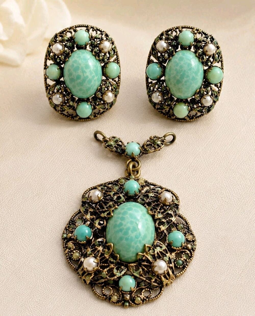 VtG 1920s Czech Brass Filigree Pendant Earrings Set Faux Turquoise Pearl Neiger